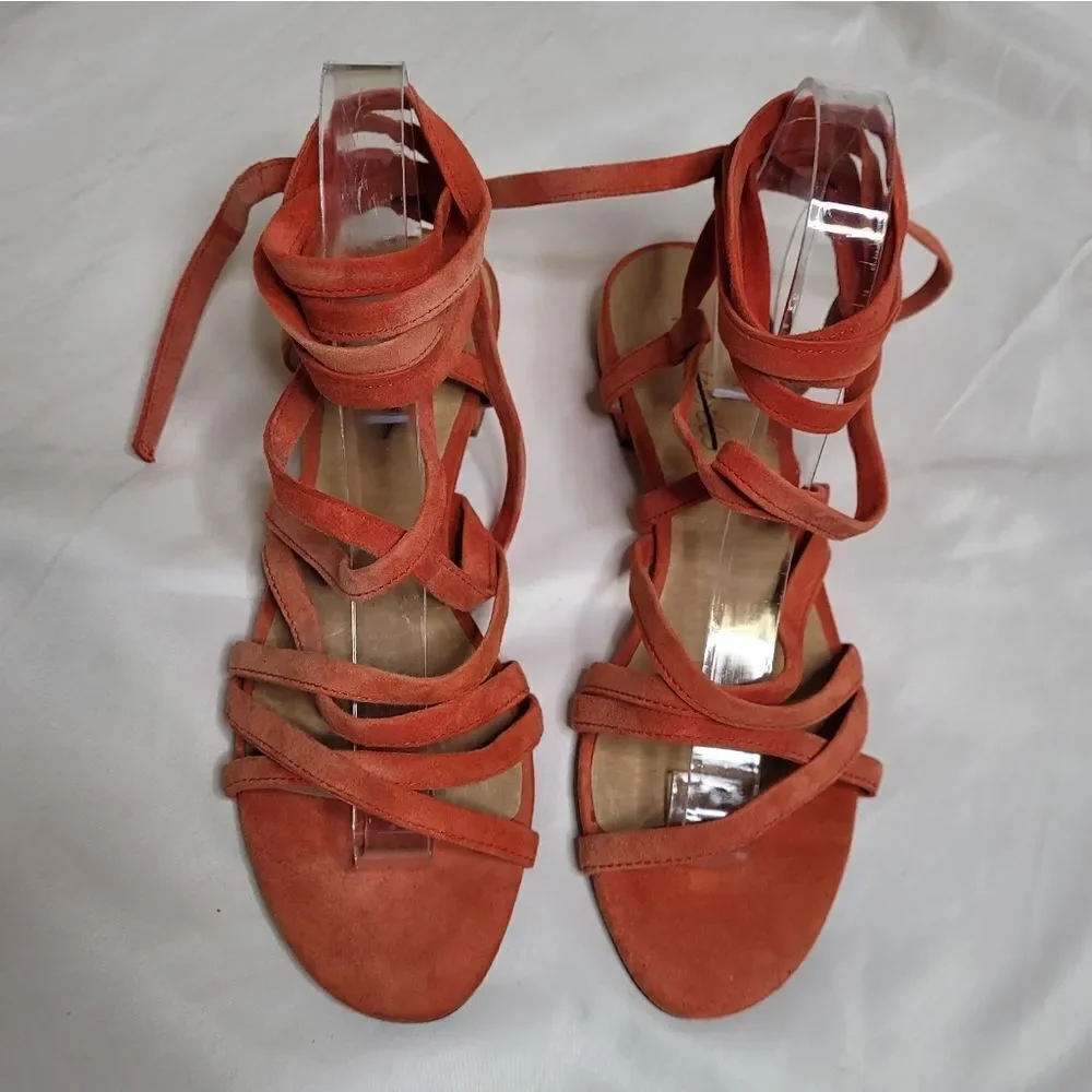 MADEWELL suede Holly ankle wrap flat sandals in‎ red/orange 7.5